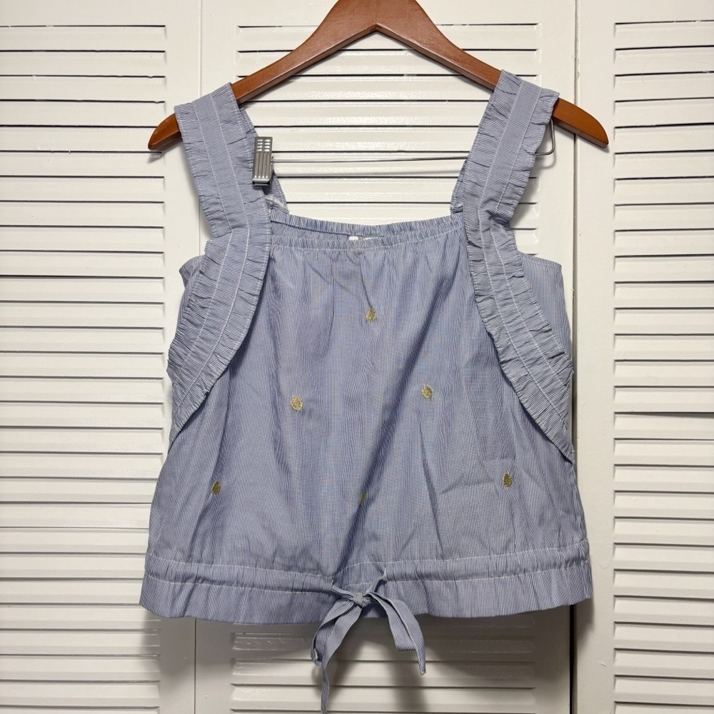H&M Blue Stripe Crop Top Tie Front Gold Apple Cotton Mix Size 8